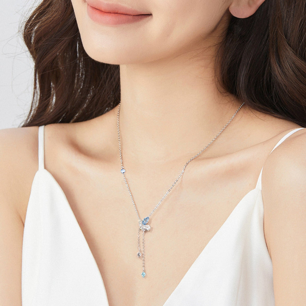 Fanci "Aqua Bliss" Butterfly Dangling Sterling Silver Necklace Blue Model Show