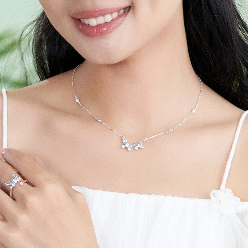FANCIME "Butterfly Love" Sterling Silver Cut CZ Stones Butterfly Necklace White Model Show