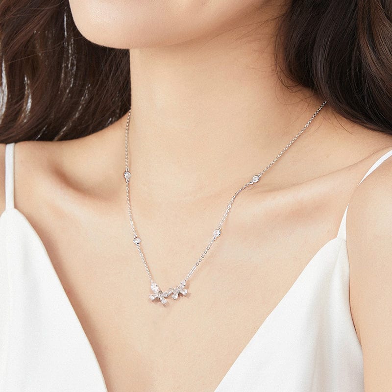 FANCIME "Butterfly Love" Sterling Silver Cut CZ Stones Butterfly Necklace White Model Show