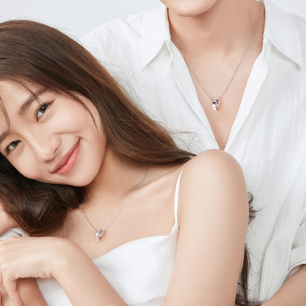 FANCIME "Infinite Time Lock" Couples Promise Matching Ring Sterling Silver Necklaces Show