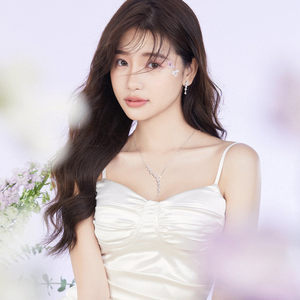 FANCIME "Wisteria Reverie" Flower Drop Y Sterling Silver Necklace Model