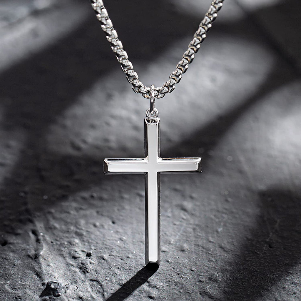 FANCIME Men's Plain Polished Cross Sterling Silver Necklace Detail