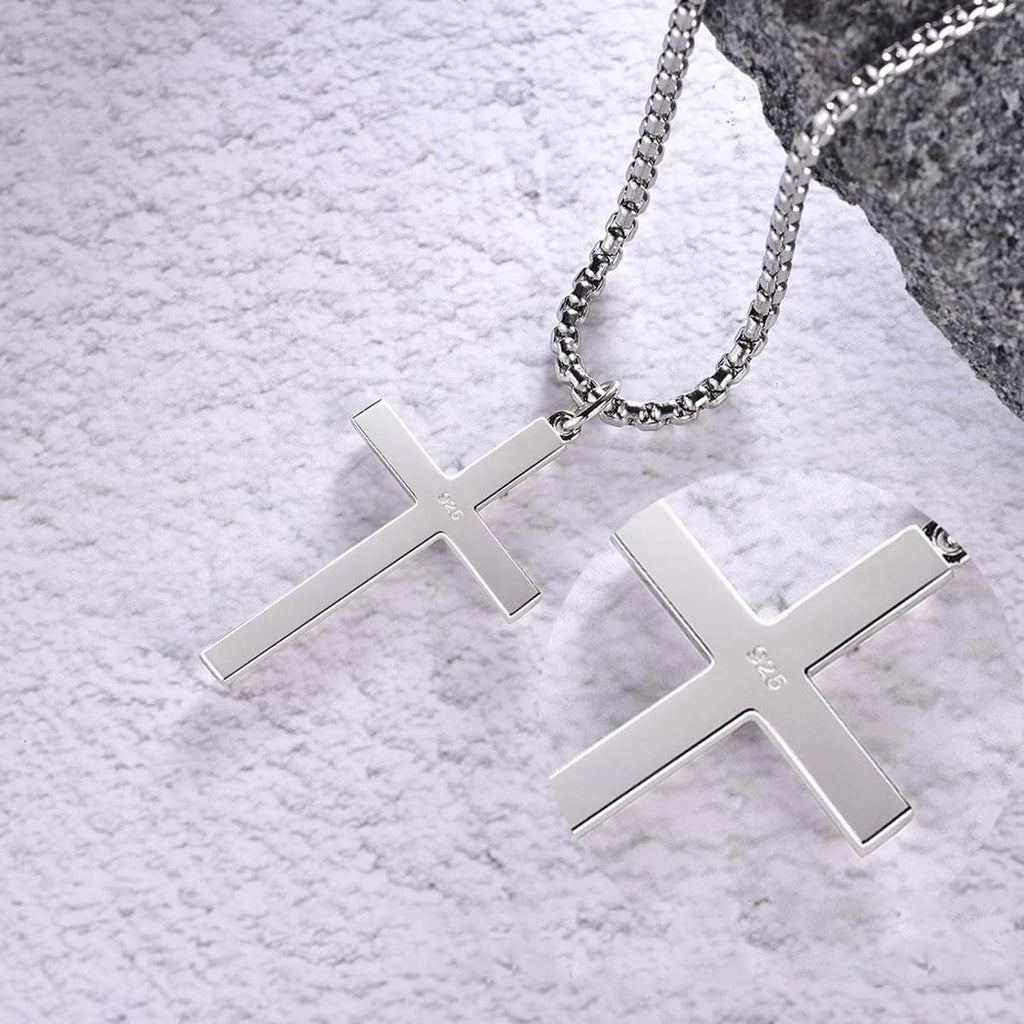FANCIME Men's Plain Polished Cross Sterling Silver Necklace Back